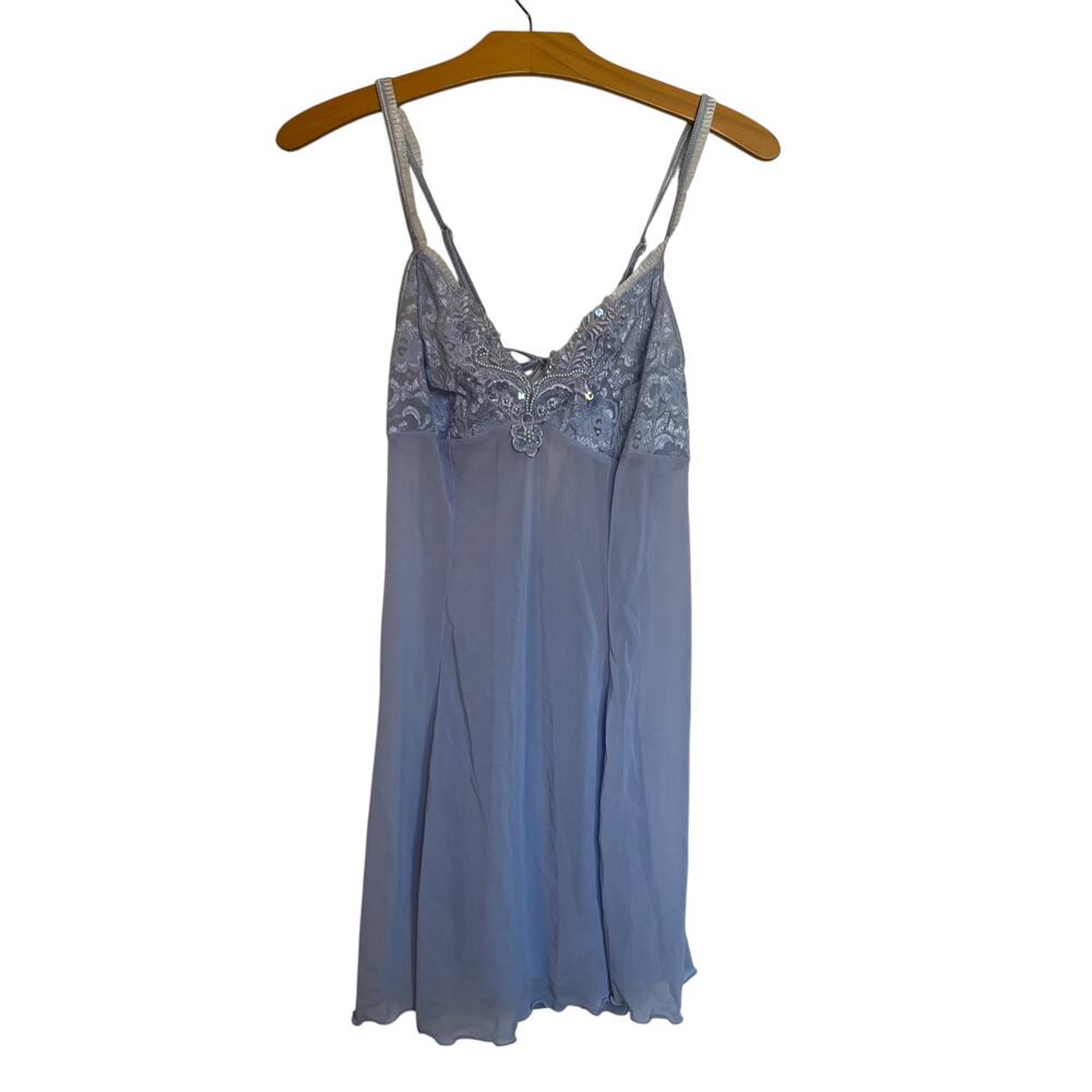 Secret Treasures Y2K Babydoll Slip Dress Ruffle Straps Blue Lace Nighty Sequin L